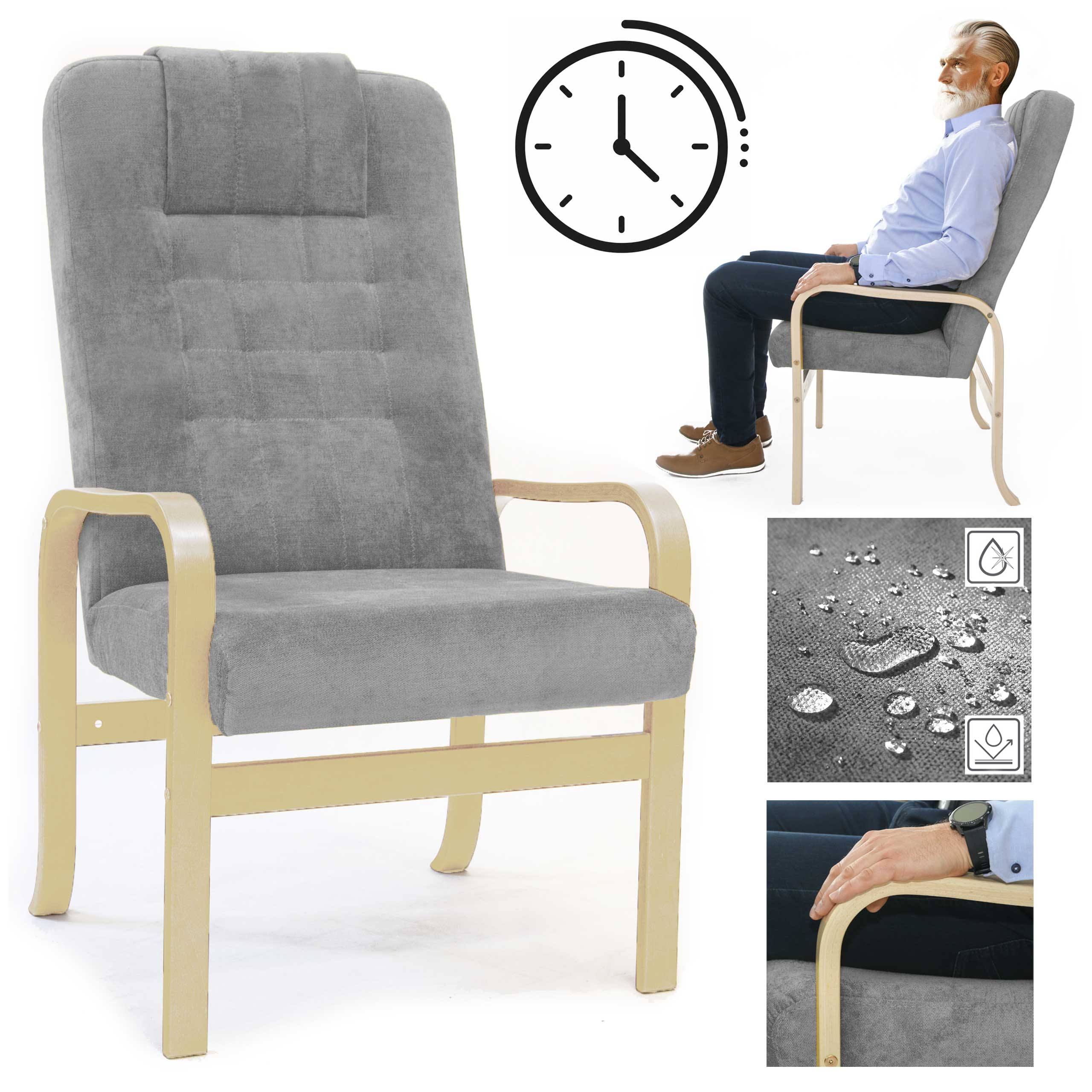 FOTEL DLA SENIORA Grande comfort - SZARY + BUK - WYSYŁKA 48h - Fotel Finka do salonu